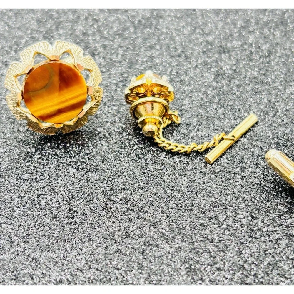 Vintage Dante Tiger's Eye Cufflinks Tie Tack Set Gold‎ Tone Swirl Retro Mens